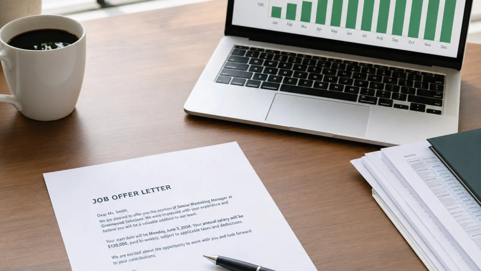 A job offer letter, a laptop showing a rising salary chart, and a pen on a bright office desk